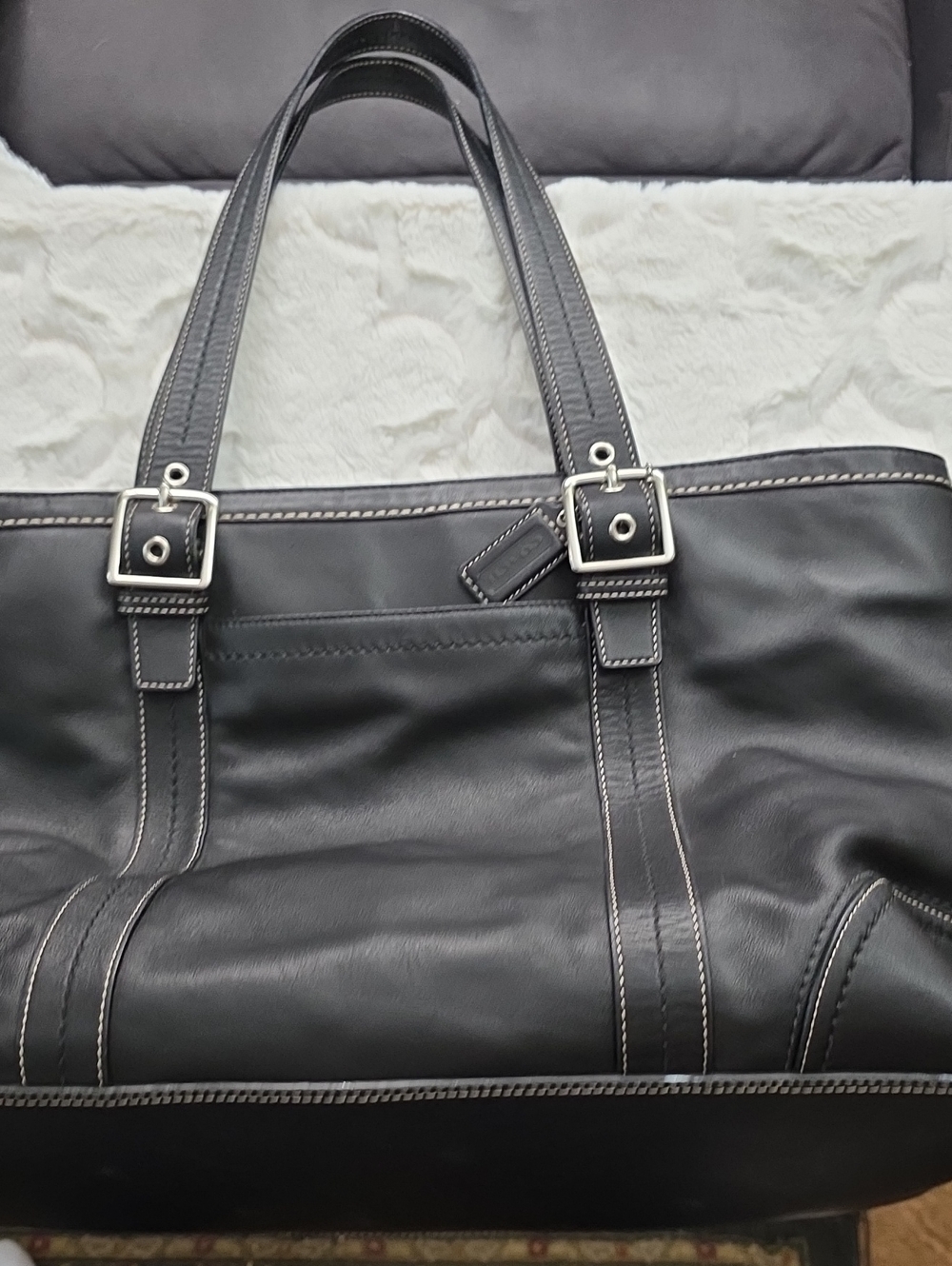 Men's Black Leather Coach Tote Bag with Silver Buckles
